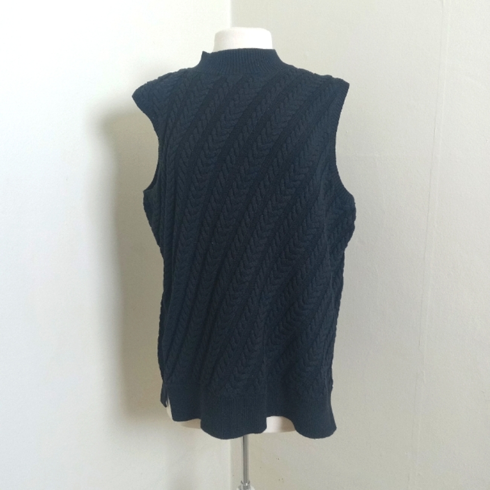 Talbots Black Cable Knit Mock Turtle Neck Cotton Polyester Blend Sweater Vest